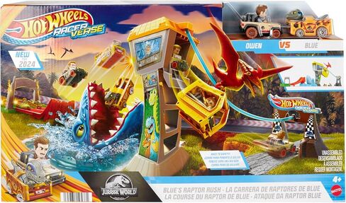 مجموعة مسارات Hot Wheels & Toy Cars، RacerVerse Jurassic World Blue’s Raptor Rush Track Set مع 2 متسابقين مصبوبين: Blue & Owen in Saudi Arabia