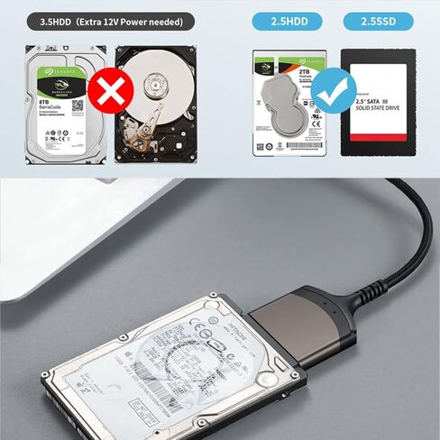 USB 3.0 to SATA Adapter for 2.5" HDD/SSD, USB 3.0 to 2.5" SATA III Hard Drive Adapter Aluminum Shell Nylon Cord, Supports UASP, External Converter for SSD/HDD Data Transfer -Grey in Kuwait
