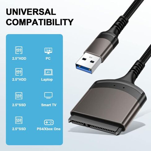 USB 3.0 to SATA Adapter for 2.5" HDD/SSD, USB 3.0 to 2.5" SATA III Hard Drive Adapter Aluminum Shell Nylon Cord, Supports UASP, External Converter for SSD/HDD Data Transfer -Grey in Kuwait