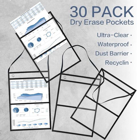 30 حزمة من حاملات تذاكر العمل، جيوب سوداء قابلة لإعادة الاستخدام مقاس 35.56 × 25.4 سم قابلة للمسح الجاف مع حزام معلق وجيب مزدوج، أكمام بلاستيكية لطلب العمل، واقيات أوراق التذاكر لمكتب الفصول الدراسية للمعلم in Kuwait