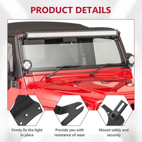 ALAVENTE دعامات تثبيت الزجاج الأمامي العلوي مع دعامة عمود A لسيارة Jeep Wrangler TJ 1997-2006، دعامات شريط إضاءة مستقيمة 52 بوصة لـ TJ 97-06 (زوج واحد) in Kuwait