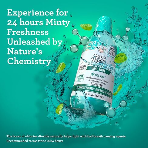 GuruNanda Oral Rinse Mouthwash, Promotes Fresh Breath up to 24 Hours, 7 Essential Oils & Vitamins, Alcohol-Free, ADA Accepted, Mint, 3 Fl Oz in Saudi Arabia