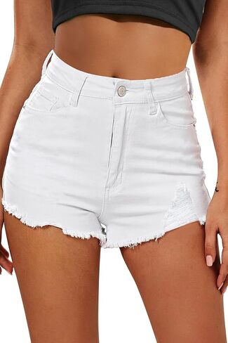 Women's Jean Shorts Summer Hight Waist Ripped Distressed Fringe Stretchy Denim Shorts in Saudi Arabia