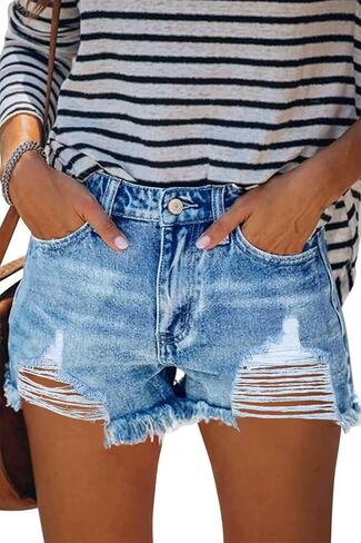 Women's Jean Shorts Summer Hight Waist Ripped Distressed Fringe Stretchy Denim Shorts in Saudi Arabia