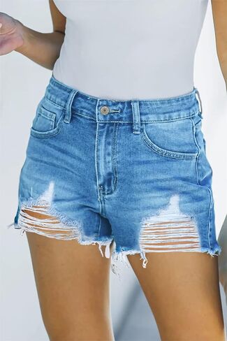 Women's Jean Shorts Summer Hight Waist Ripped Distressed Fringe Stretchy Denim Shorts in Saudi Arabia