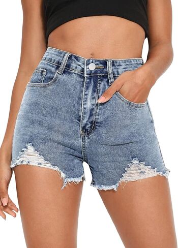 Floerns Women's Ripped Raw Hem Denim High Waist Straight Leg Denim Shorts in Saudi Arabia