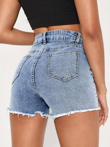 Floerns Women's Ripped Raw Hem Denim High Waist Straight Leg Denim Shorts in Saudi Arabia