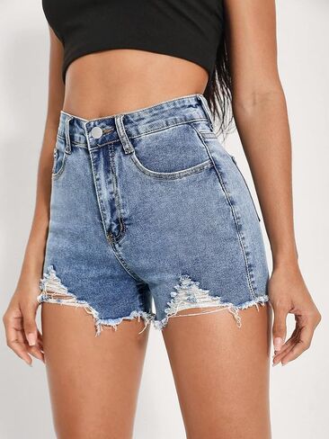 Floerns Women's Ripped Raw Hem Denim High Waist Straight Leg Denim Shorts in Saudi Arabia