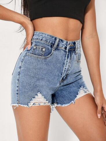 Floerns Women's Ripped Raw Hem Denim High Waist Straight Leg Denim Shorts in Saudi Arabia