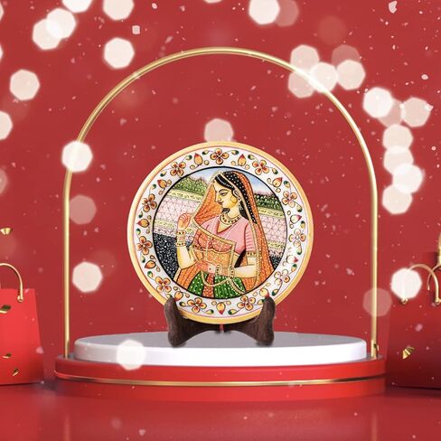 Marble Decorative Plate Traditional Indian Handpainted Round Shape Showpiece Pottery Plate with Stand for Decoration Home Office Décor and Gifting (Rajasthani Lady) in Saudi Arabia
