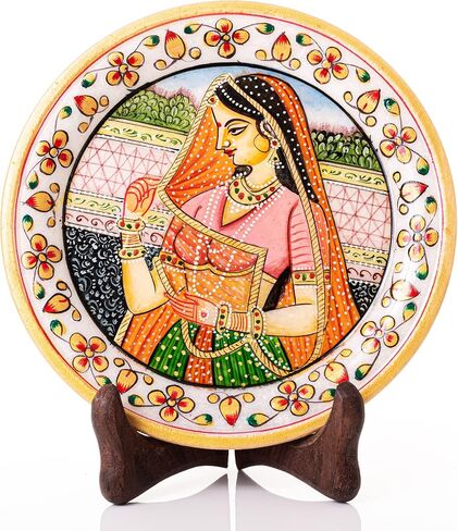 Marble Decorative Plate Traditional Indian Handpainted Round Shape Showpiece Pottery Plate with Stand for Decoration Home Office Décor and Gifting (Rajasthani Lady) in Saudi Arabia