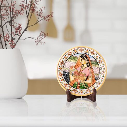 Marble Decorative Plate Traditional Indian Handpainted Round Shape Showpiece Pottery Plate with Stand for Decoration Home Office Décor and Gifting (Rajasthani Lady) in Saudi Arabia