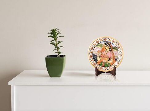 Marble Decorative Plate Traditional Indian Handpainted Round Shape Showpiece Pottery Plate with Stand for Decoration Home Office Décor and Gifting (Rajasthani Lady) in Saudi Arabia