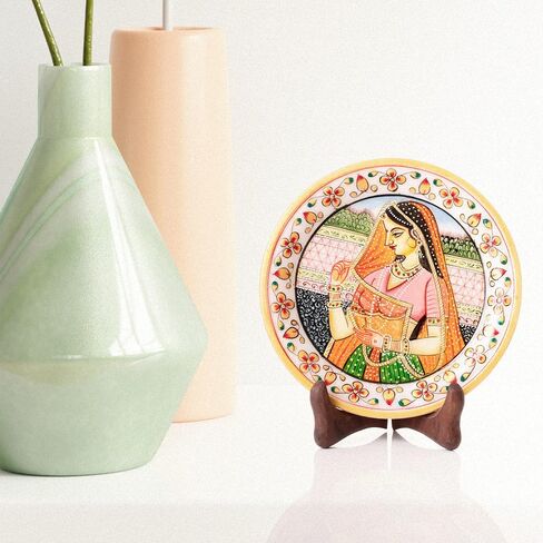 Marble Decorative Plate Traditional Indian Handpainted Round Shape Showpiece Pottery Plate with Stand for Decoration Home Office Décor and Gifting (Rajasthani Lady) in Saudi Arabia
