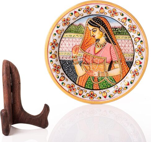 Marble Decorative Plate Traditional Indian Handpainted Round Shape Showpiece Pottery Plate with Stand for Decoration Home Office Décor and Gifting (Rajasthani Lady) in Saudi Arabia