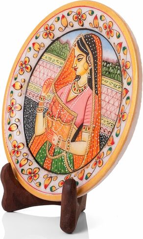 Marble Decorative Plate Traditional Indian Handpainted Round Shape Showpiece Pottery Plate with Stand for Decoration Home Office Décor and Gifting (Rajasthani Lady) in Saudi Arabia