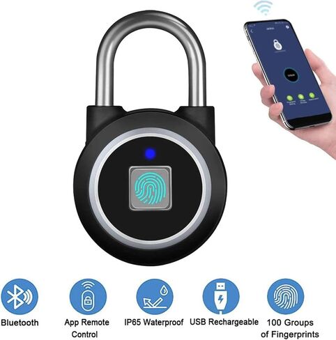 Fingerprint Padlock, Bluetooth Lock, Mobile APP, MEGAFEIS Smart Padlock with Keyless Biometric, Water Resistant, Suitable for Gym, Sports, Bike, School, Fence and Storage(Black) in Saudi Arabia