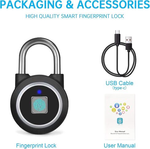 Fingerprint Padlock, Bluetooth Lock, Mobile APP, MEGAFEIS Smart Padlock with Keyless Biometric, Water Resistant, Suitable for Gym, Sports, Bike, School, Fence and Storage(Black) in Saudi Arabia