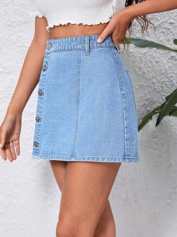 SHENHE Women's Wrap Button Front High Waisted A Line Denim Mini Skirt Jean Skirt in Saudi Arabia