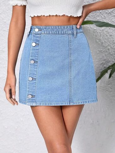 SHENHE Women's Wrap Button Front High Waisted A Line Denim Mini Skirt Jean Skirt in Saudi Arabia