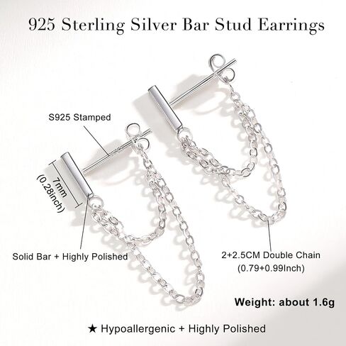 925 Sterling Silver Chain Dangle Earrings Bar Stud Earrings for Women Girls Minimalist Bar Double Chain Earrings Jewelry Gifts for Christmas Birthday in Saudi Arabia