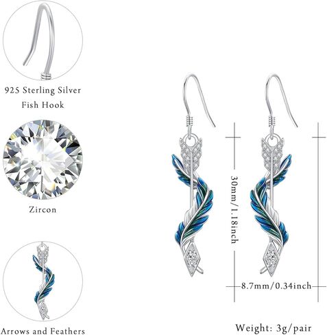 أقراط ريشة وسهم 925 من الفضة الإسترليني أقراط ريشة زرقاء وأقراط سهم مجوهرات سهم ريشة مضادة للحساسية للنساء والفتيات in Kuwait