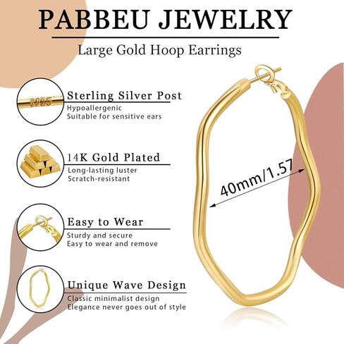 PABBEU أقراط فضية مضادة للحساسية 925 أقراط حلقية من الفضة الاسترليني تصميم موجة أقراط فضية كبيرة الأطواق خفيفة الوزن أقراط فضية كبيرة للنساء الفتيات 40/50/60 مم in Kuwait