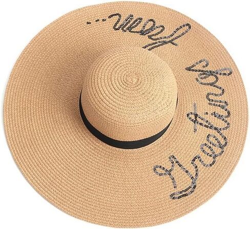 قبعة صيفية من القش للنساء والفتيات كبيرة الحواف قابلة للطي قبعة شاطئ مرنة بحافة واسعة من القش مع تطريز أنيق للأشعة فوق البنفسجية بعامل حماية من الأشعة فوق البنفسجية 50 (كاكي) in Kuwait