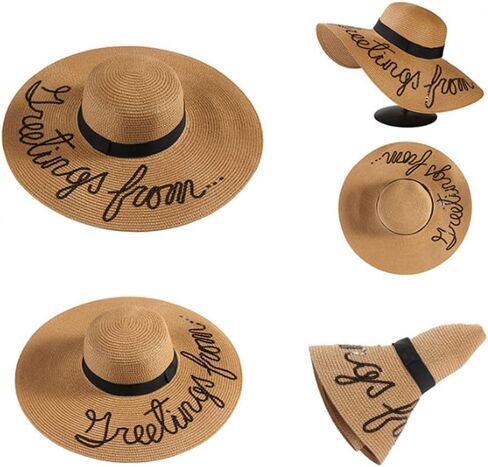 قبعة صيفية من القش للنساء والفتيات كبيرة الحواف قابلة للطي قبعة شاطئ مرنة بحافة واسعة من القش مع تطريز أنيق للأشعة فوق البنفسجية بعامل حماية من الأشعة فوق البنفسجية 50 (كاكي) in Kuwait