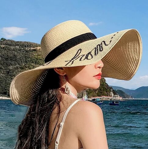 قبعة صيفية من القش للنساء والفتيات كبيرة الحواف قابلة للطي قبعة شاطئ مرنة بحافة واسعة من القش مع تطريز أنيق للأشعة فوق البنفسجية بعامل حماية من الأشعة فوق البنفسجية 50 (كاكي) in Kuwait