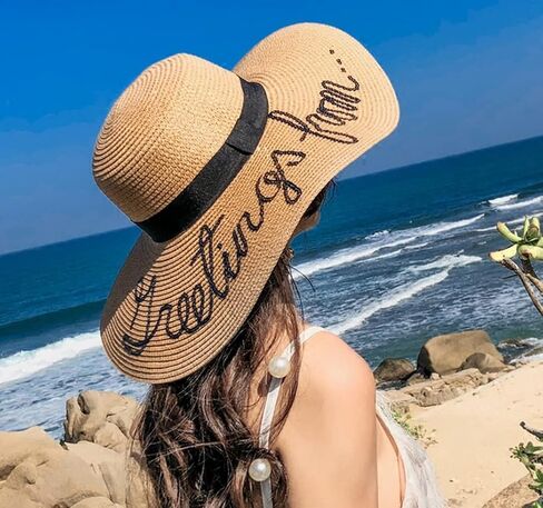 قبعة صيفية من القش للنساء والفتيات كبيرة الحواف قابلة للطي قبعة شاطئ مرنة بحافة واسعة من القش مع تطريز أنيق للأشعة فوق البنفسجية بعامل حماية من الأشعة فوق البنفسجية 50 (كاكي) in Kuwait