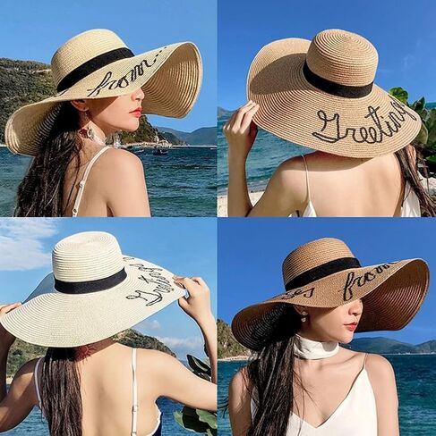 قبعة صيفية من القش للنساء والفتيات كبيرة الحواف قابلة للطي قبعة شاطئ مرنة بحافة واسعة من القش مع تطريز أنيق للأشعة فوق البنفسجية بعامل حماية من الأشعة فوق البنفسجية 50 (كاكي) in Kuwait