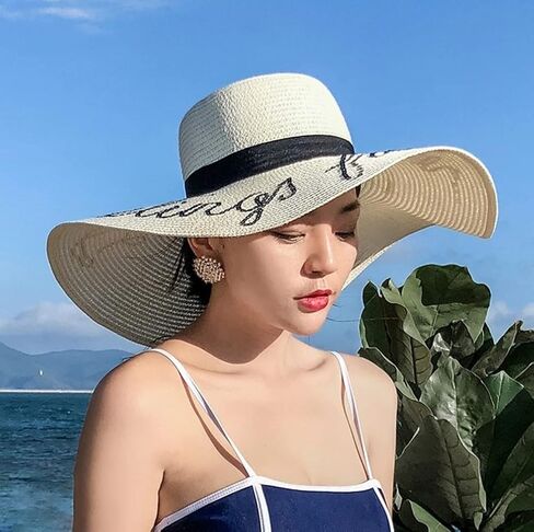 قبعة صيفية من القش للنساء والفتيات كبيرة الحواف قابلة للطي قبعة شاطئ مرنة بحافة واسعة من القش مع تطريز أنيق للأشعة فوق البنفسجية بعامل حماية من الأشعة فوق البنفسجية 50 (كاكي) in Kuwait