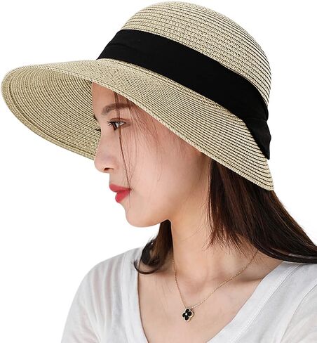 Women Wide Brim Straw Hats Summer Beach Sun Hat Foldable Ladies UV Protection Bucket Hat Ladies Packable Straw Visor Cap in Saudi Arabia