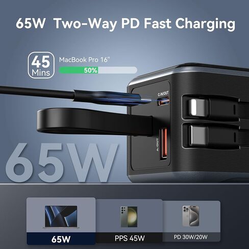 65W Power Bank Portable Battery Pack 65W PD Fast Charging Power Pack for Laptop with Bulit-in USB C&IOS Cable External Power Battery Bank Charger for MacBook Pro/Air, iPhone 15 14, Samsung, Switch in Saudi Arabia