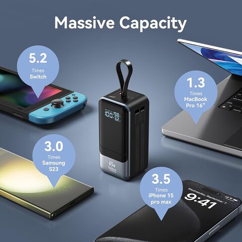 65W Power Bank Portable Battery Pack 65W PD Fast Charging Power Pack for Laptop with Bulit-in USB C&IOS Cable External Power Battery Bank Charger for MacBook Pro/Air, iPhone 15 14, Samsung, Switch in Saudi Arabia