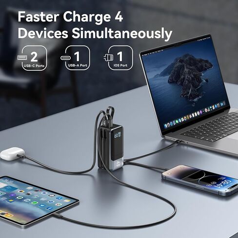 حزمة بطارية محمولة بقوة 65 وات PD حزمة طاقة شحن سريع لأجهزة الكمبيوتر المحمول مع كابل USB C&IOS مدمج شاحن بطارية طاقة خارجي لأجهزة MacBook Pro/Air وiPhone 15 14 وSamsung وSwitch in Kuwait