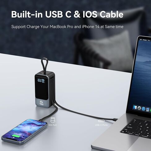 65W Power Bank Portable Battery Pack 65W PD Fast Charging Power Pack for Laptop with Bulit-in USB C&IOS Cable External Power Battery Bank Charger for MacBook Pro/Air, iPhone 15 14, Samsung, Switch in Saudi Arabia