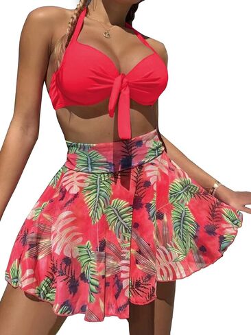 Vrtige Women's Three Piece Swimsuit Floral Print Self Tie Halter Top with Beach Skirts Bikini Set in Saudi Arabia