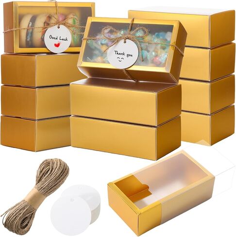 Roowest 50 Sets Kraft Gift Boxes Rectangle Kraft Paper Drawer Box with Window Homemade Soap Box with Blank Tags and Jute String for Jewelry Candy Wrapping Party Favor(Gold, 6.3 x 3.5 x 2 Inch) in Saudi Arabia