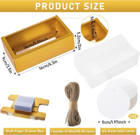 Roowest 50 Sets Kraft Gift Boxes Rectangle Kraft Paper Drawer Box with Window Homemade Soap Box with Blank Tags and Jute String for Jewelry Candy Wrapping Party Favor(Gold, 6.3 x 3.5 x 2 Inch) in Saudi Arabia