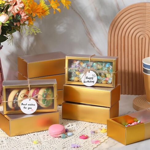 Roowest 50 Sets Kraft Gift Boxes Rectangle Kraft Paper Drawer Box with Window Homemade Soap Box with Blank Tags and Jute String for Jewelry Candy Wrapping Party Favor(Gold, 6.3 x 3.5 x 2 Inch) in Saudi Arabia