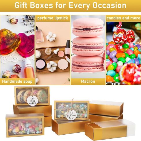 Roowest 50 Sets Kraft Gift Boxes Rectangle Kraft Paper Drawer Box with Window Homemade Soap Box with Blank Tags and Jute String for Jewelry Candy Wrapping Party Favor(Gold, 6.3 x 3.5 x 2 Inch) in Saudi Arabia