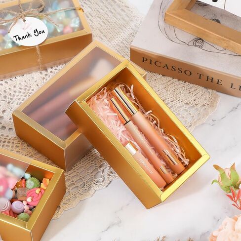 Roowest 50 Sets Kraft Gift Boxes Rectangle Kraft Paper Drawer Box with Window Homemade Soap Box with Blank Tags and Jute String for Jewelry Candy Wrapping Party Favor(Gold, 6.3 x 3.5 x 2 Inch) in Saudi Arabia