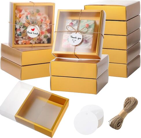 Roowest 50 Sets Kraft Gift Boxes Rectangle Kraft Paper Drawer Box with Window Homemade Soap Box with Blank Tags and Jute String for Jewelry Candy Wrapping Party Favor(Gold, 6.3 x 3.5 x 2 Inch) in Saudi Arabia