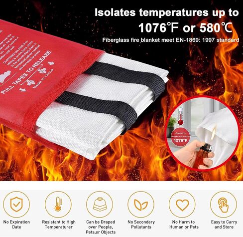 Fire Blanket for Home and Kitchen - Emergency Fire Blanket Extinguishers for House Fire Blankets Home Safety Fireproof Fire Retardant Blankets Grease Warehouse Office 3.3ft x 3.3ft in Saudi Arabia