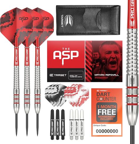 مجموعة سهام من TARGET Darts Nathan Aspinall Tungsten Steel Tip - 9 أعمدة قبضة احترافية - 9 رحلات طيران Pro Ultra - محفظة رمي السهام - حزمة قسيمة تطبيق عداد السهام in Saudi Arabia
