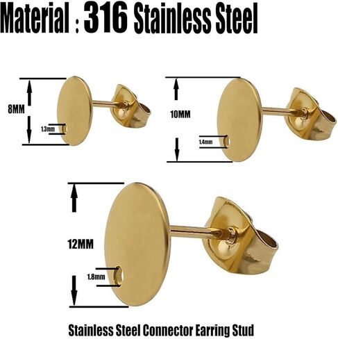 30 قطعة/15 زوجًا 8 مم/10 مم/12 مم ذهبي من الفولاذ المقاوم للصدأ أقراط دائرية فارغة مع حلقة لصنع أقراط المجوهرات بنفسك مع ظهور (M543) in Kuwait