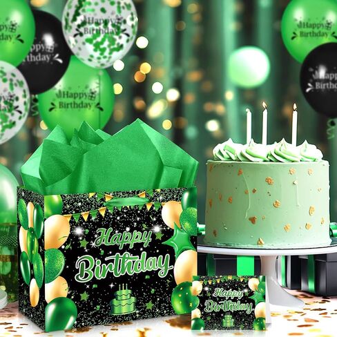 حقيبة هدايا عيد ميلاد خضراء، حقيبة هدايا عيد ميلاد سعيد كبيرة باللونين الأخضر والأسود مع بطاقة ومناديل ورقية خضراء للأولاد والرجال والنساء والذكرى السنوية لحفلات أعياد الميلاد للأطفال والكبار لوازم حقيبة تغليف جودي in Kuwait