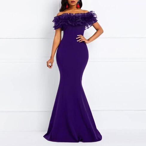 VERWIN Floor-Length Half Sleeve Print Off Shoulder Color Block Women's Maxi Dress Bodycon Dress in Kuwait